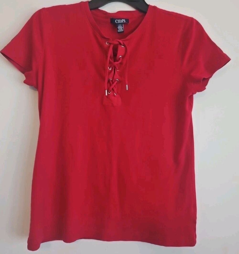 CHAPS Women's Blouse Sz XL Red Cross Tie In Front Cotton FITS MORE LARGE NOT XL